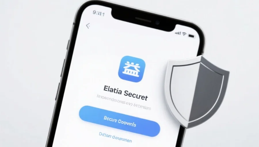 一部现代智能手机屏幕上显示意昂2应用的安全下载界面，旁边有安全盾牌图标，背景简洁